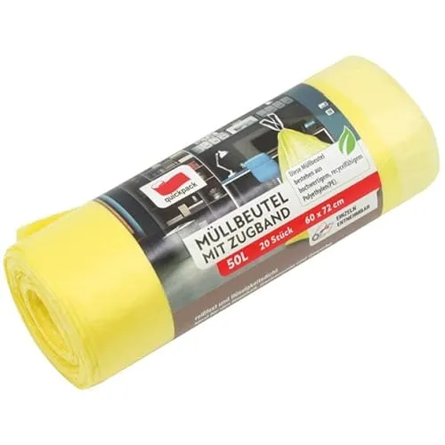 Müllbeutel 50 Liter mit Zugband, 20 Stk. auf Rolle, gelb/Mülleimerbeutel/Mülltüten/Abfallbeutel