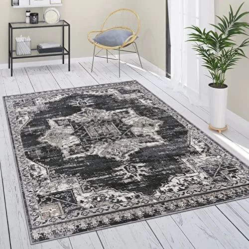 Paco Home Teppich Wohnzimmer Schlafzimmer Kurzflor Vintage Optik Orientalisch Moderne Ornamente Mandala Stil Bordüre, Grösse:60x100 cm, Farbe:Schwarz 3