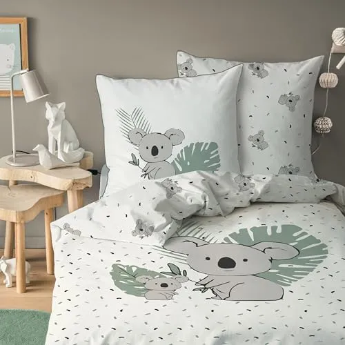 Koala Kinder Bettwäsche Set 135x200 cm, 80x80 cm - Weich & hautfreundlich - Bettwaren-Set für Kinder aus 100% Baumwolle, mit niedlichen Tiermotiven. Pflegeleicht und für eine fröhliche Atmosphäre im Kinderzimmer.