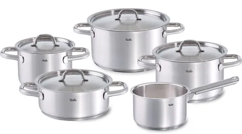 Fissler Topf-Set Family Line, Edelstahl 18/10 - 9-teilig - Hochwertiges Kochtopf-Set aus rostfreiem Edelstahl 18/10 mit extra breitem Schüttrand, ideal für alle Herdarten, spülmaschinengeeignet und extrem langlebig.
