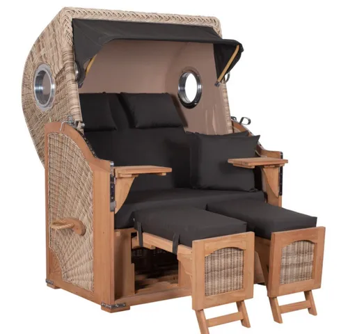 MR.DEKO Strandkorb Düne Bullauge Teak PE Shell von MR.DEKO