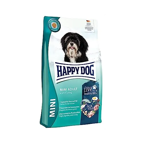 HappyDog Mini Adult 4kg - Premium Hundefutter für kleine Rassen - Hundefutter für kleine Rassen, mit speziellen Kroketten für optimale Kieferanpassung und gesunde Ernährung.