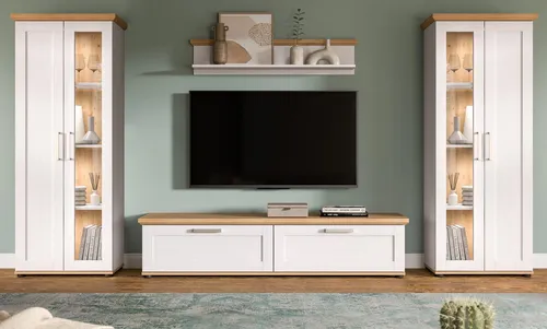 Inn.Furn Wohnwand Mirano, Eiche Artisan & Weiß, 4-teilig - Moderne Wohnwand im Landhausstil, bestehend aus zwei Vitrinen, TV-Lowboard und Wandboard. Bietet viel Stauraum und bringt Wärme in Ihr Wohnzimmer. Maße: 316 x 161 x 40 cm, aus FSC-zertifiziertem Holzwerkstoff.
