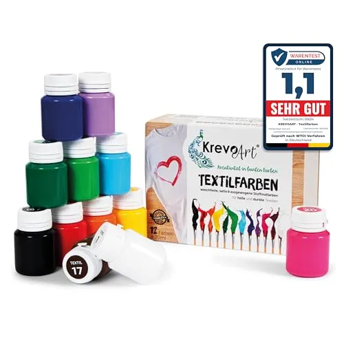 Krevo Art Stoffmalfarben Textilfarben WASCHFEST | Set aus 12 x 20ml Stofffarben in Fläschchen | Zum Bemalen von verschiedenen Textilien