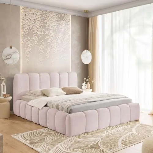 Home Collective Polsterbett Bubble mit Stauraum, Rosa 180x200 cm | Modernes Bettgestell mit Lattenrost und Bouclé Bezug - Elegantes Polsterbett im Bouclé-Design mit praktischem Stauraum unter dem Lattenrost. Ideal für stilvolle Schlafzimmer, bietet es Komfort und eine gemütliche Atmosphäre.