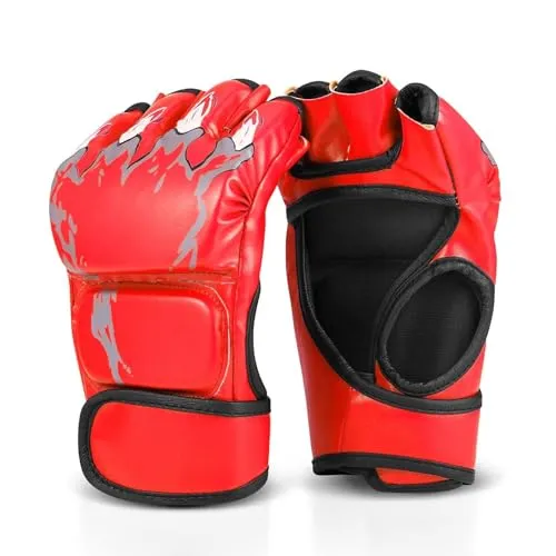 Flexzion MMA-Handschuhe- 8oz Grappling Muay Thai Martial Arts Kampf UFC Sparring Schlagen Boxen PU-Leder-Trainingshandschuhe mit Klettverschluss, EIN Paar für Erwachsene Männer, Rot