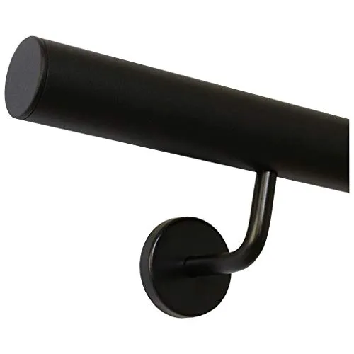 TIBU Handlauf Schwarz pulverbeschichtet V2A Edelstahl Geländer innen außen wetterfest beständig 150 cm mit 2 Halter und gerade Kappe