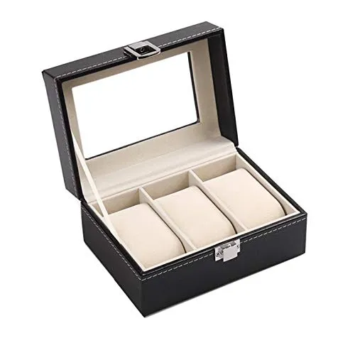 Uhrenbox Mit 3 FächernUhren Aufbewahrungsbox Uhrenkasten mit Glasdeckel Uhren Aufbewahrung aus PU Leder und Samt Schwar,Tolles Geschenk für Die Liebsten Schwarz(15.8*11*8cm)