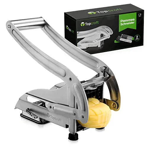 Topcroft Pommesschneider Edelstahl, 2 Schneidegrößen für individuelle Pommesdicke, Rutschfester Vakuumfuß, Gemüseschneider für einfachen & gesunden Pommesgenuss, Pommespresse, Frittenschneider