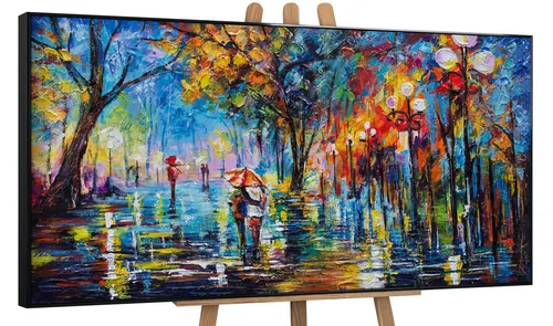 YS-Art Gemälde Herbstliche Allee, Menschen, Paar Regenschirm Leinwand Bild Handgemalt Allee Baum