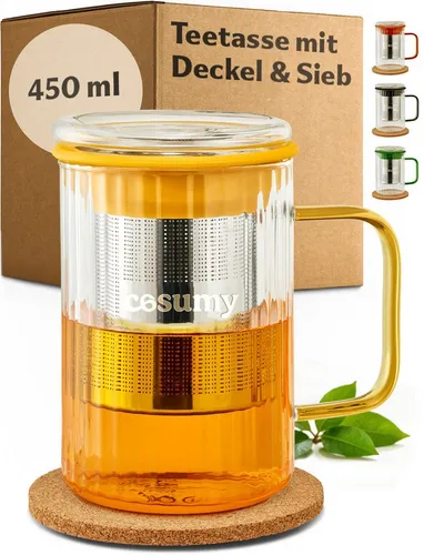 Cosumy Teeglas Cosumy Teetasse mit Deckel und Sieb 450ml Gelb, Borosilikatglas, Edelstahl, Kork, Edelstahlfilter