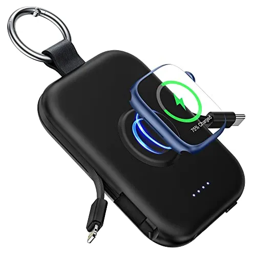 RORRY Power Bank 5000mAh mit integriertem Kabel, tragbarer Ladegerät für iPhone und Apple Watch