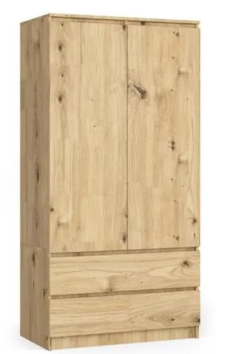 BDW Kleiderschränk 2 Türen, 4 Einlegeböden, Kleiderständer, 2 Schubladen, Garderobenständer, Schubladenschrank, Garderobenschrank für Schlafzimmer, Wohnräume, 180x90x51cm, (Eiche Artisan)
