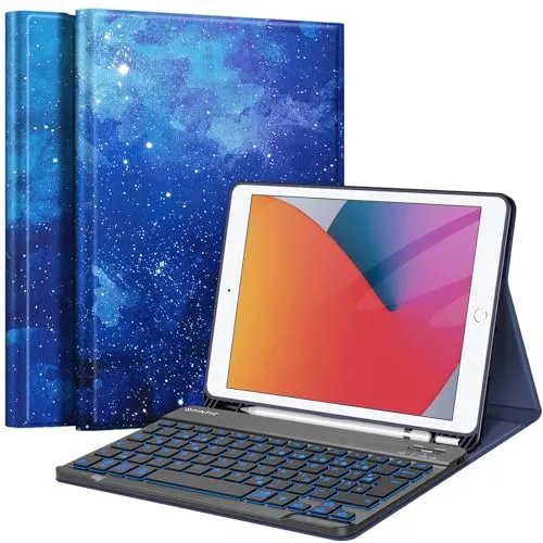 FINTIE Hülle mit Tastatur für iPad 9. / 8. / 7. Generation - Tastatur mit beleuchtetem, abnehmbarem Design und deutschem QWERTZ-Layout, ideal für sicheres und komfortables Tippen bei schwachem Licht.