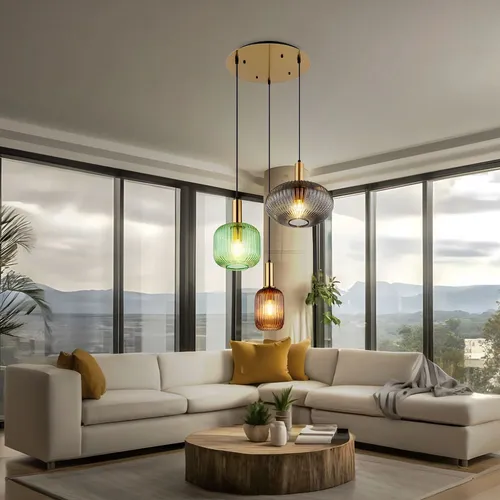 Pendelleuchte Retro messing 3-flammig mit Glas, rauch grün coffee - Lampen - Stilvolle Hängelampe mit 3 E27 Fassungen, individuell anpassbar in Höhe und Lichtfarbe, ideal für Esstische und moderne Innenräume.