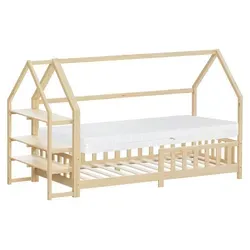 ML-Design Kinderbett 90x200cm mit Matratze und Rausfallschutz – Naturbelassen - Praktisches Kinderbett im modernen Hausdesign mit integriertem Regal und Rausfallschutz. Hergestellt aus stabilem Kiefernholz, bietet es sicheren Schlafkomfort und Stauraum für Spielzeug und Bücher. Inklusive komfortablem Lattenrost und abnehmbarer Matratze.