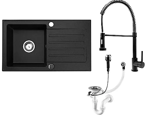 Faizee Möbel | Hochwertige beidseitig montierbare Granitspüle 76 x 44 cm in Schwarz – Eckige Einbauspüle inkl. Siphon-Set und schwarzer Spiralfeder-Armatur für Unterschränke ab 45 cm