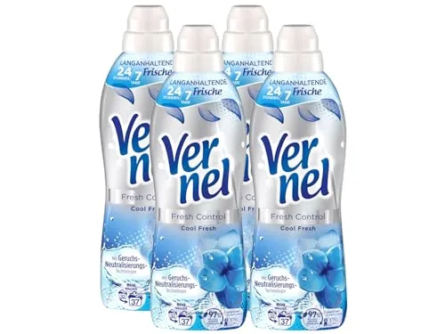 VERNEL Fresh Control Cool Fresh Weichspüler 4x 37 WL (148 Waschladungen), Wäscheduft für 24/7 langanhaltende Frische mit Geruchs-Neutralisierungs-Technologie, recycelbare Flasche