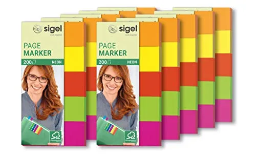 SIGEL HN650/10 Haftmarker Neon, 5 Farben - 200 Streifen - Klebemarkierungen in Neonfarben, ideal als Mini-Lesezeichen. Beschreibbar, rückstandsfrei ablösbar und umweltfreundlich dank FSC-Zertifizierung.