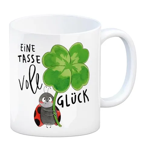 Marienkäfer Kaffeebecher mit Spruch Eine Tasse voll Glück Marienkäfer-Tasse als Glücksbringer Klee Pilz Design Frühlingsgrüße für Gesundheit