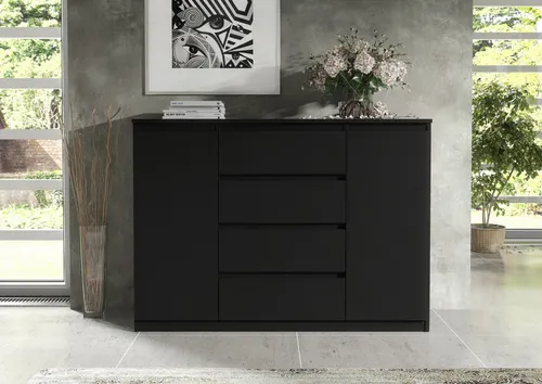 Raumhirsch Furniture Kommode, Schwarz, 120x102x39 cm - Geräumige Kommode mit zwei Türen und vier Schubladen. Modernes Design in Anthrazit mit Eiche Lancelot Fronten, ideal für Ordnung im Wohnzimmer oder Flur. Minimalistische grifflose Schubladen sorgen für komfortable Nutzung.
