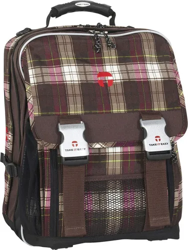 Take it easy Schulrucksack Lond.PLAID braun/pink - Schulrucksack mit 26 Litern Volumen, ergonomischem Rückenteil und gepolsterten Schultergurten. Ideal für Schule und Freizeit, wasserabweisend und funktional gestaltet.