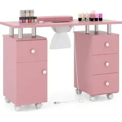 COSTWAY Maniküretisch mit elektrischer Staubabsaugung, Rosa - Professioneller Maniküretisch mit leistungsstarkem Staubabscheider und 3 wiederverwendbaren Staubbeuteln. Ideal für Salons, bietet viel Stauraum und Komfort dank Handgelenkstütze und mobiler Bauweise.