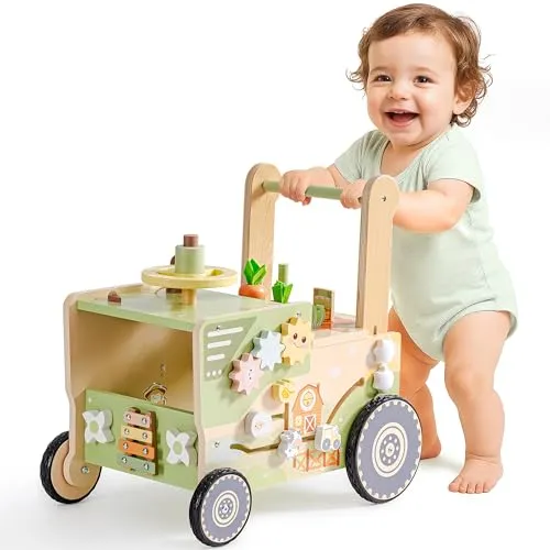 ROBUD Lauflernhilfe Holz, Lauflernwagen im Bauernhof-Thema mit Rädern, Motorikspielzeug Lernspielzeug für Mädchen Jungen, Geschenke für Babys ab 10 Monate (Geschwindigkeit & Höhe Einstellbar)