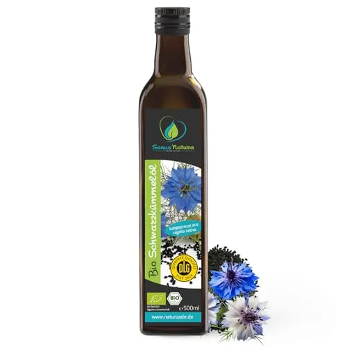 Sanus Natura Bio Schwarzkümmelöl 500 ml - Mühlenfrisch & Ungefiltert - Nuss- & Samenöle: 100% reines, kaltgepresstes Bio Schwarzkümmelöl aus eigener Ölmühle, reich an wertvollen Inhaltsstoffen und ohne Zusatzstoffe - für Gesundheit und Wohlbefinden.
