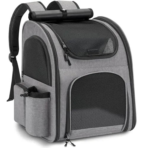 Hunderucksack bis 10kg, Haustier Rucksack mit Netzfenster, Faltbare Katzenrucksack Hunde Rucksack, Atmungsaktive und Leichte Dog Cat Backpack mit Innerer Sicherheitsleine und Haustiermatte - Grau