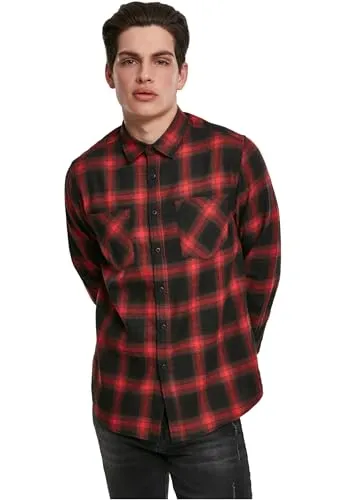 Urban Classics Herren Checked Flanell Shirt - Mehrfarbig (Black/Red) - Herrenhemden mit klassischem Kragen, 2 Brusttaschen und großem Karomuster - perfekt für lässige Freizeitlooks.