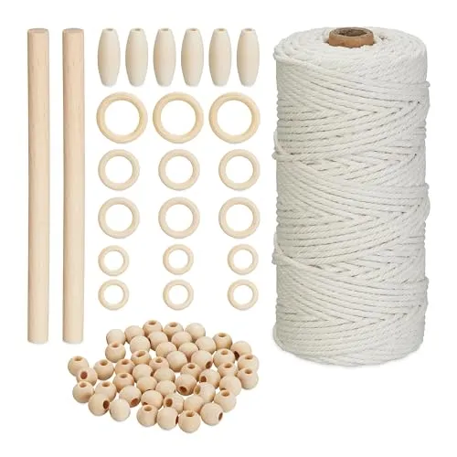 Relaxdays 2x Makramee Set Weiß/Hellbraun - Kreatives Bastelset - Vielseitiges Makramee Set mit 109m Baumwollgarn und 112 Holzperlen für kreative Projekte. Ideal für Anfänger und erfahrene Bastler, um individuelle Dekorationen wie Blumenampeln zu knüpfen.