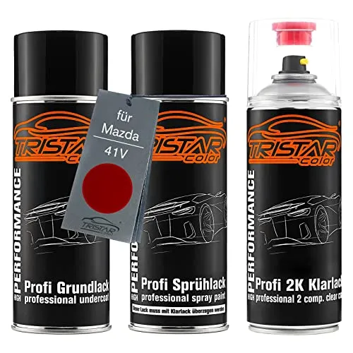 TRISTARcolor Autolack 2K Spraydosen Set für Mazda 41V Soul Red Metallic/Rubinrot Metallic Grundlack Basislack 2 Komponenten Klarlack Sprühdose