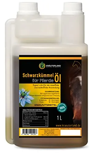 Kräuterland Schwarzkümmelöl 1 Liter für Pferde & Hunde - 100% rein, kaltgepresst - Ergänzungsfuttermittel: 100% reines, ungefiltertes Schwarzkümmelöl, kaltgepresst aus ägyptischen Samen. Made in Germany, frisch und naturbelassen für optimale Gesundheit Ihrer Tiere.