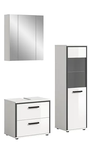 xonox Badezimmer Kojak 3-teiliges Badmöbel-Set - Modernes Badezimmermöbel-Set in Hochglanz Weiß, kratzfest und wasserabweisend. Enthält Spiegelschrank, Waschbeckenunterschrank und Midischrank mit verstellbaren Einlegeböden. Ideal für stilvolle Badezimmer.