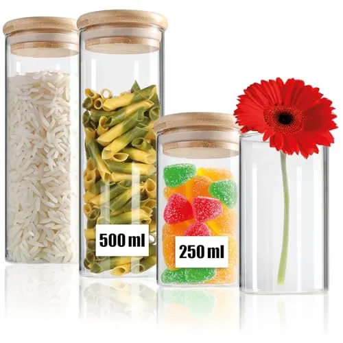 com-four® 4-teiliges Vorratsdosen-Set mit Bambus-Deckel - Borosilikatglas Vorratsgläser für Lebensmittel und Gewürze - Luftdichte Aufbewahrung - 0,25L / 0,5L (4x 250/500ml)