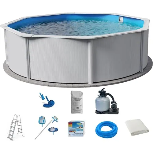 Stahlwandpool Set (9-teilig) hoch rund Eco 350 x 120 cm - Komplett-Set für Outdoor-Spaß im Garten: Robuste verzinkte Stahlwand und UV-stabilisierte Folie für langlebige Nutzung. Fassungsvermögen: 11.000 l, ideal für 4-5 Personen.