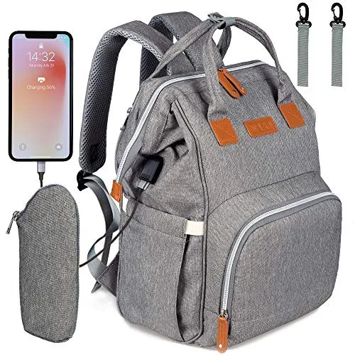 NEVEQ Baby Wickelrucksack, Babytasche für Reise, Wickeltasche Große Kapazität, Multifach Reise Rucksack Wasserdicht Fächer Babyflaschehälter (Grau und Braun)