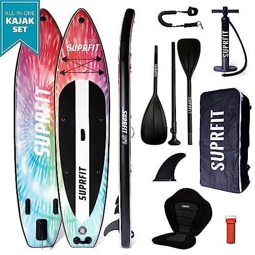 SUPRFIT Stand Up Paddling Board Komplett-Set mit Sitz & Paddel - Vielseitiges aufblasbares Paddelboard im Set mit Hochdruckpumpe und Teleskop-Paddel. Ideal für Anfänger und Profis bis 140 kg, robust und leicht transportierbar. Perfekt für Wasserabenteuer mit der ganzen Familie!