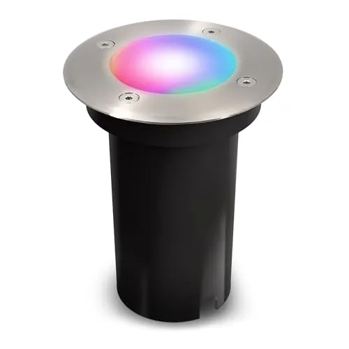 SSC-LUXon Bodeneinbaustrahler KALPA rund silber - Smart LED RGB+W dimmbar - Vielseitiger LED-Bodeneinbaustrahler für außen mit dimmbaren RGB- und warmweißen Lichtoptionen. Trittfest und wetterfest, ideal für Terrassen und Gartenwege. Einfache Installation ohne Trafo.