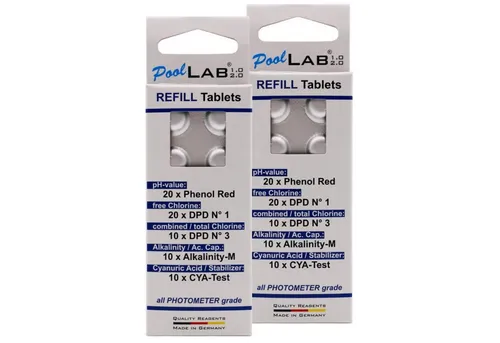 Refill Pack für PoolLAB - MediMuc Edition mit 140 Testtabletten - Praktisches Nachfüllpack mit 140 Testtabletten für präzise Poolanalysen. Kompatibel mit Handphotometern, inklusive geprüfter Reagenzien für Chlor, pH und Alkalinität. Immer frisch produziert für zuverlässige Ergebnisse.