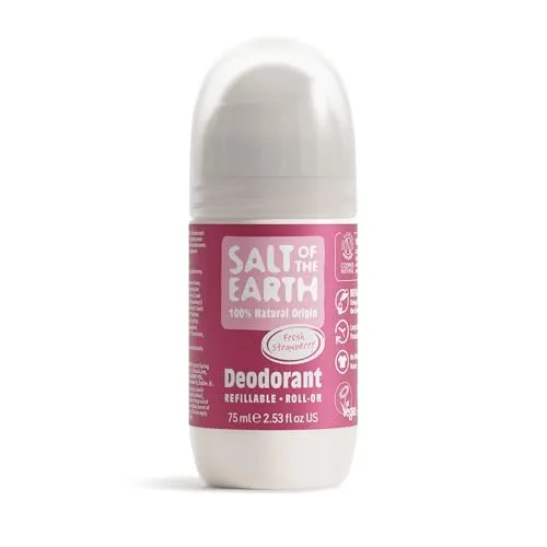 Salt of the Earth Deodorant Roll-On, Sweet Strawberry – Nachfüllbar, vegan, Leaping Bunny-zertifiziert, hergestellt in Großbritannien – 75ml
