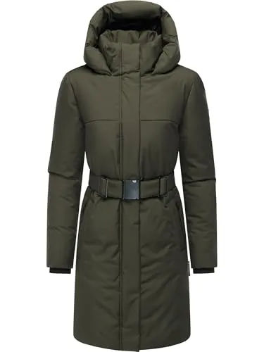Navahoo Damen Wintermantel Parka Gipfelspass XIV Dark Olive Gr. XL - Stylischer Wintermantel mit tailliertem Schnitt und praktischem Gürtel. Das wind- und wasserabweisende Material sorgt für Komfort bei jedem Wetter. Ideal für moderne Looks und frostige Wintertage.