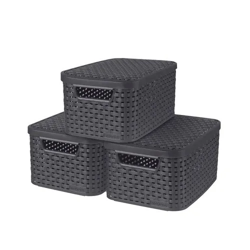 Curver 3-er Set Box S mit Deckel anthrazit, 246250 - Aufbewahrungsbehälter mit Deckel, strapazierfähig und stapelbar, ideal für vielseitige Nutzung in jedem Raum, mit dekorativer Rattan-Oberfläche zum Schutz vor Staub.