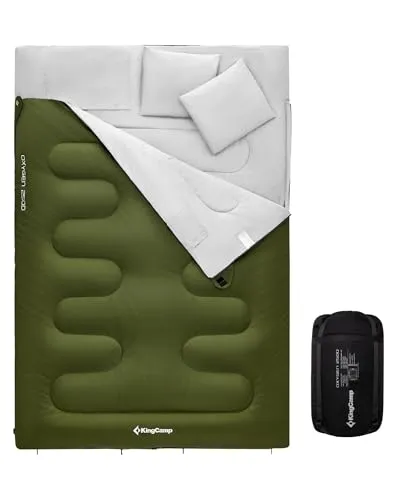 KingCamp Doppelschlafsack für 2 Personen - Geräumiger Deckenschlafsack mit zwei Kissen, ideal für Outdoor-Camping. Komforttemperatur bis 12°C, wasserabweisend und vielseitig einsetzbar. Perfekt für Abenteuer zu zweit!