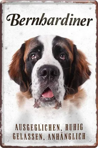 WOGEKA ART Metallbild Hunde-Rassen Steckbrief 20 x 30 cm Blechschild Haustier Hund Deko, Bernhardiner