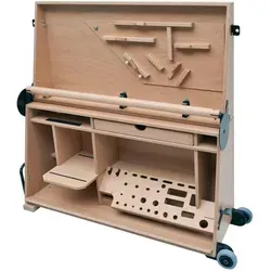 DOMINI DESIGN Mobilo Box Holz - Robuste Werkzeugkiste - Werkstatteinrichtung mit großem Stauraum für Handwerkzeug, wandhängbar und mobil durch ausziehbaren Handgriff und Fahrwerk.