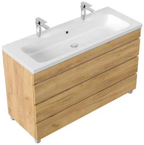 Magnolia Home Doppelwaschtisch Stand Doppel Badmöbel Via 120 eiche gold mit 3 grifflosen Schubladen