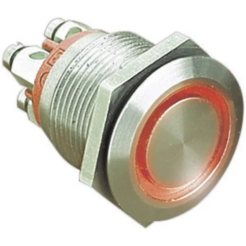 Bulgin MPI002/TERM/RD Vandalismusgeschützter Drucktaster - Druckschalter mit 22 mm Durchmesser und IP66-Schutz, ideal für raue Umgebungen. Robuste Edelstahl-Oberfläche sorgt für Langlebigkeit und Sicherheit.