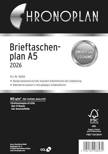 Chronoplan 50266 Kalendereinlage 2026 (Brieftaschenplan A5 (156x210mm) Ersatzkalendarium für Terminplaner, Monatsplaner für 15 Monate, 1 Monat auf 1 Seite zum Aufklappen, mit Universallochung) weiß